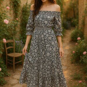 MISA Dress SZM Floral Smocked Midi Off Shoulder Boho Flowy Romantic Coquettecore